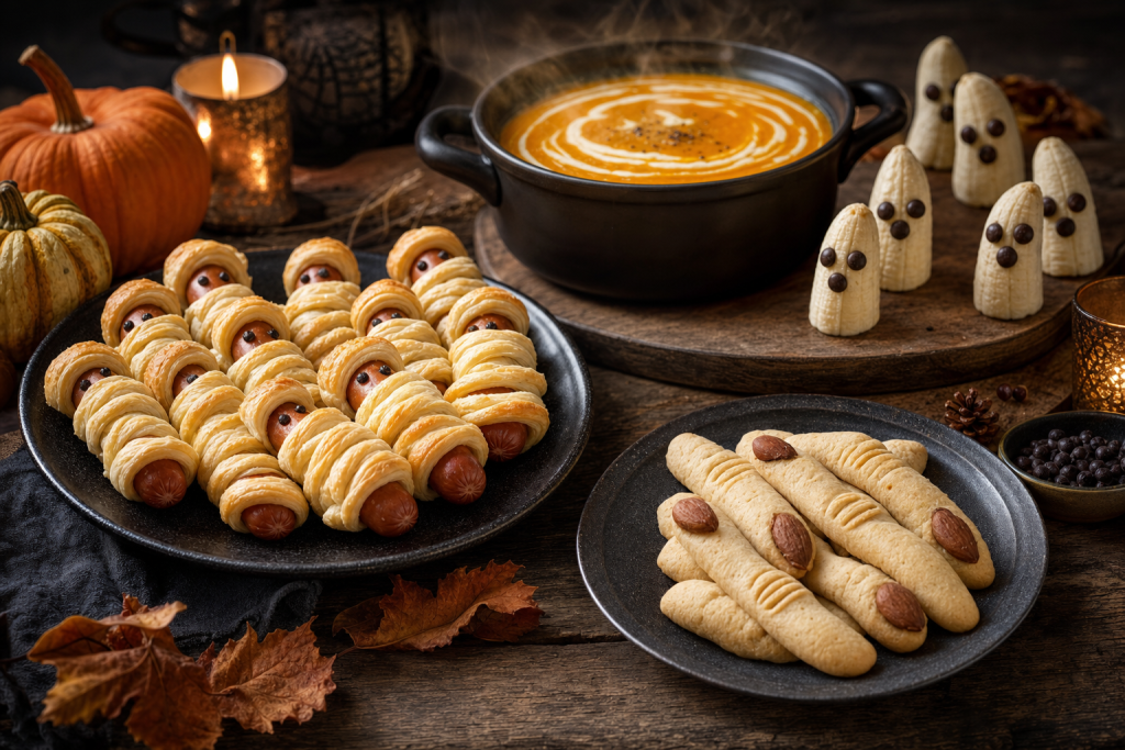 Rustikaler Holztisch mit Halloween-Buffet: Blätterteig-Mumien, Mürbeteig-Finger mit Mandeln, Geister aus Bananen und eine dampfende Kürbissuppe im schwarzen Topf