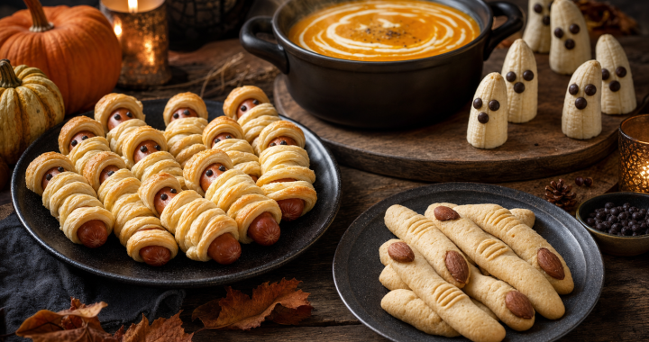 Rustikaler Holztisch mit Halloween-Buffet: Blätterteig-Mumien, Mürbeteig-Finger mit Mandeln, Geister aus Bananen und eine dampfende Kürbissuppe im schwarzen Topf