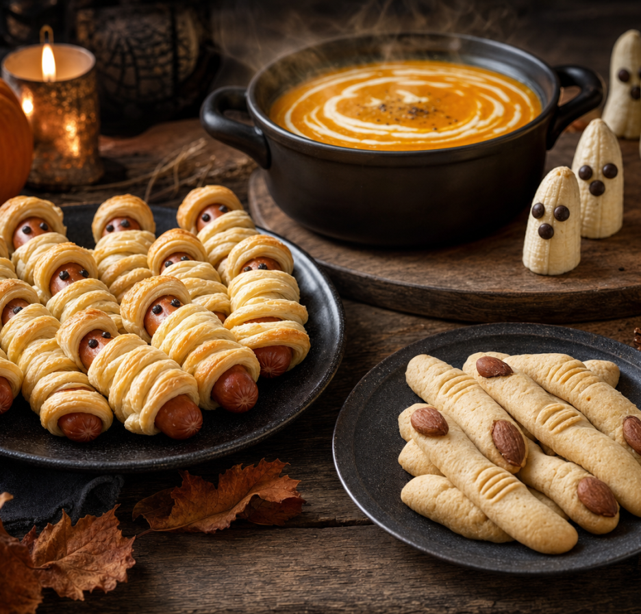 Rustikaler Holztisch mit Halloween-Buffet: Blätterteig-Mumien, Mürbeteig-Finger mit Mandeln, Geister aus Bananen und eine dampfende Kürbissuppe im schwarzen Topf