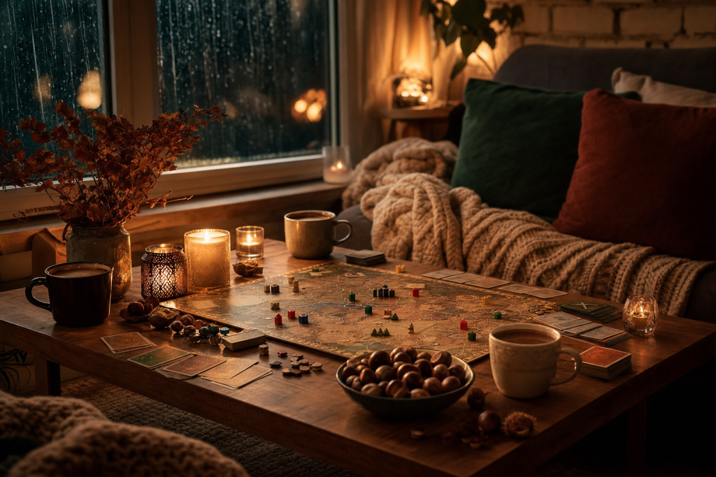 Wohnzimmertisch im Kerzenschein mit aufgebautem Brettspiel, Spielkarten, einer Schale Kastanien und heißen Getränken, draußen regnet es gegen das Fenster