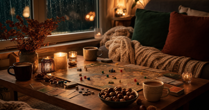 Wohnzimmertisch im Kerzenschein mit aufgebautem Brettspiel, Spielkarten, einer Schale Kastanien und heißen Getränken, draußen regnet es gegen das Fenster