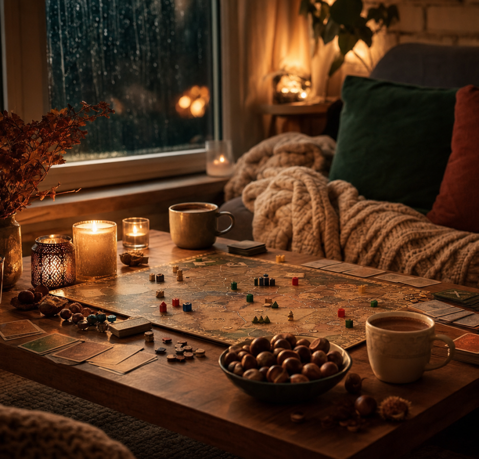 Wohnzimmertisch im Kerzenschein mit aufgebautem Brettspiel, Spielkarten, einer Schale Kastanien und heißen Getränken, draußen regnet es gegen das Fenster